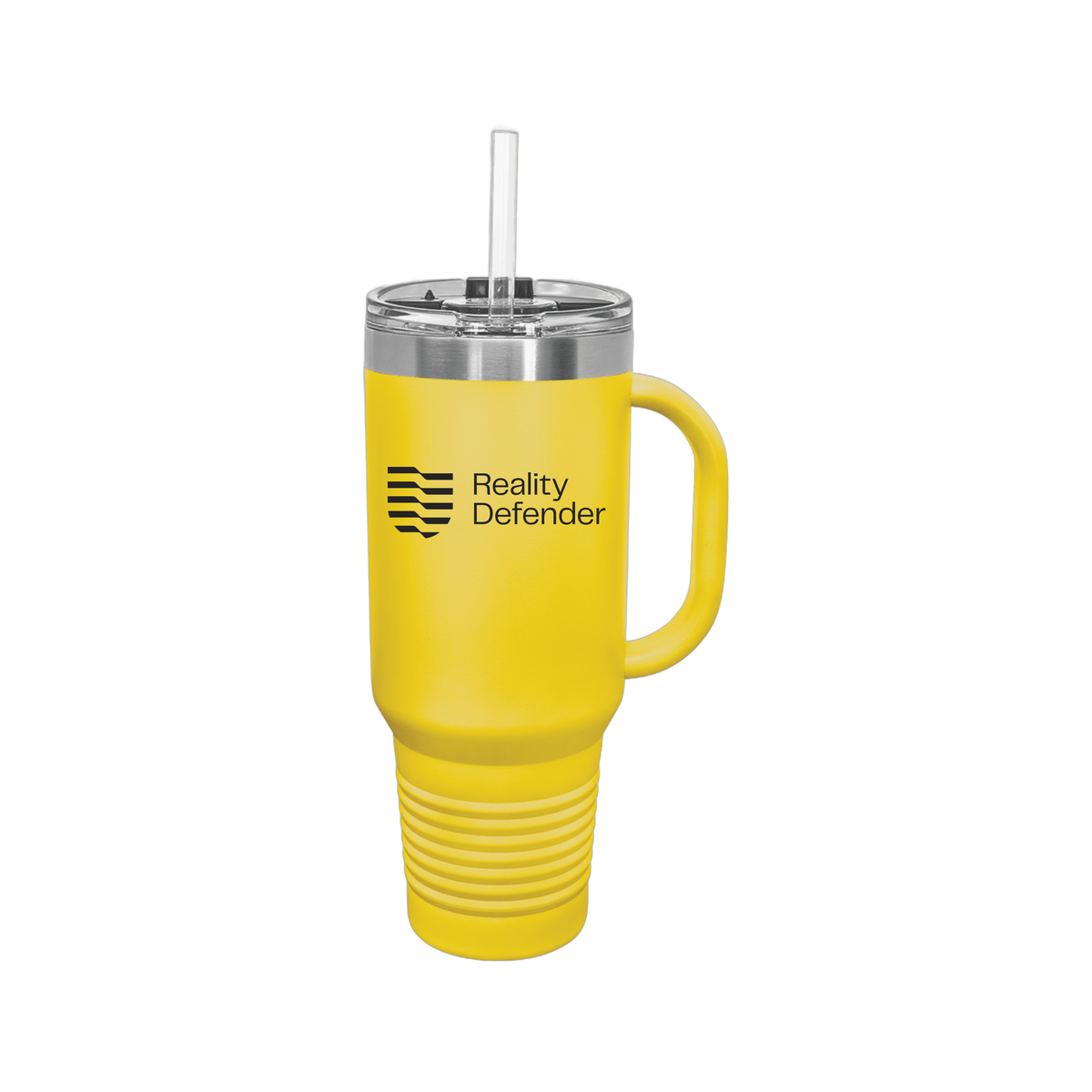 realitydefender-travel-mug-40oz-uv-drinkwarefront-40ozTravelMug-yellow-flat-front