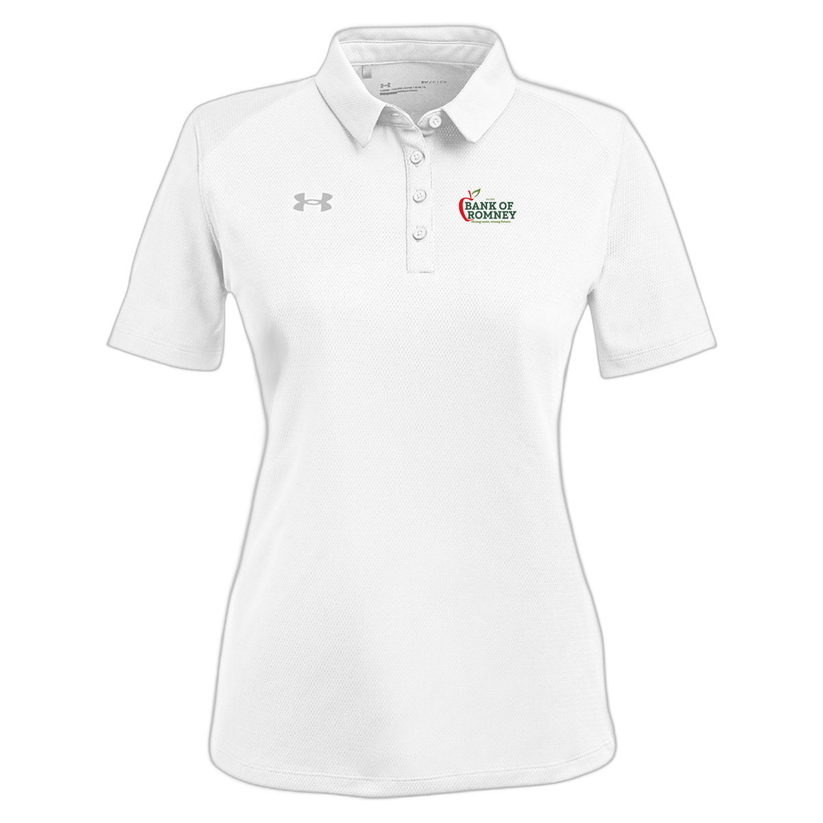 bankofromney-under-armour-womens-tech-polo-embroidery-leftchest-1370431-white-flat-front