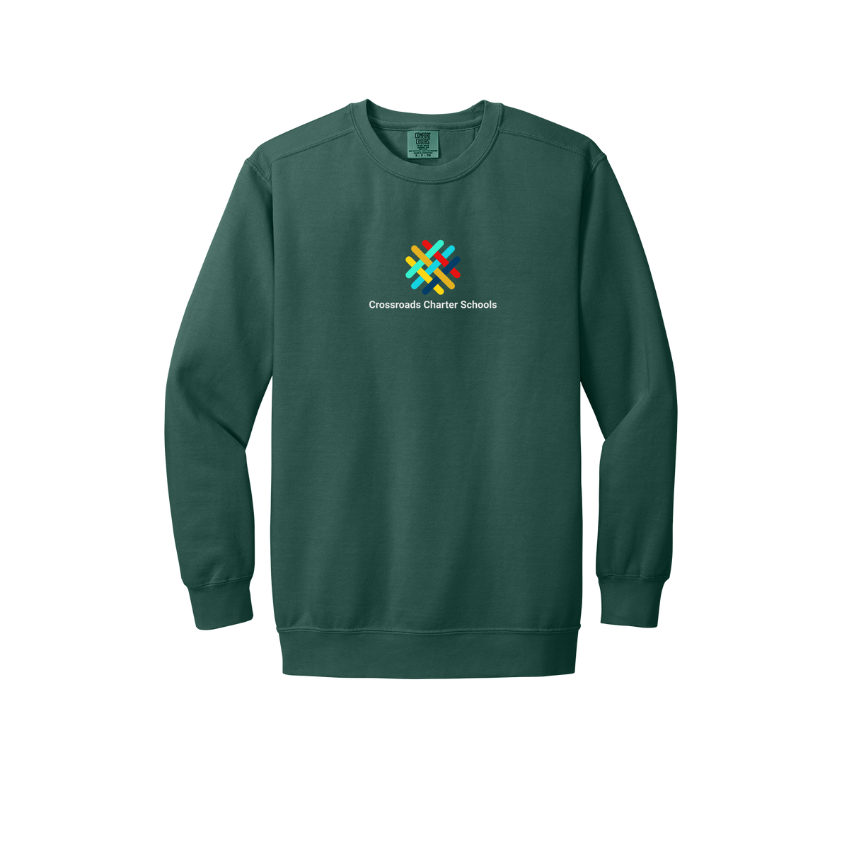 crossroadsschoolskc-premium-comfort-crewneck-dtf-front-1566-bluespruce-flat-front