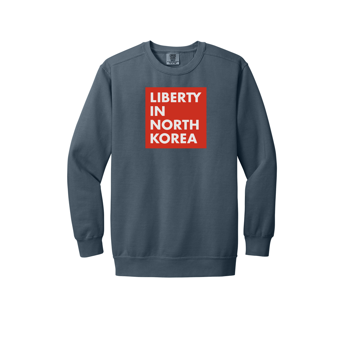 libertyinnorthkorea-premium-comfort-crewneck-dtf-front-1566-denim-flat-front