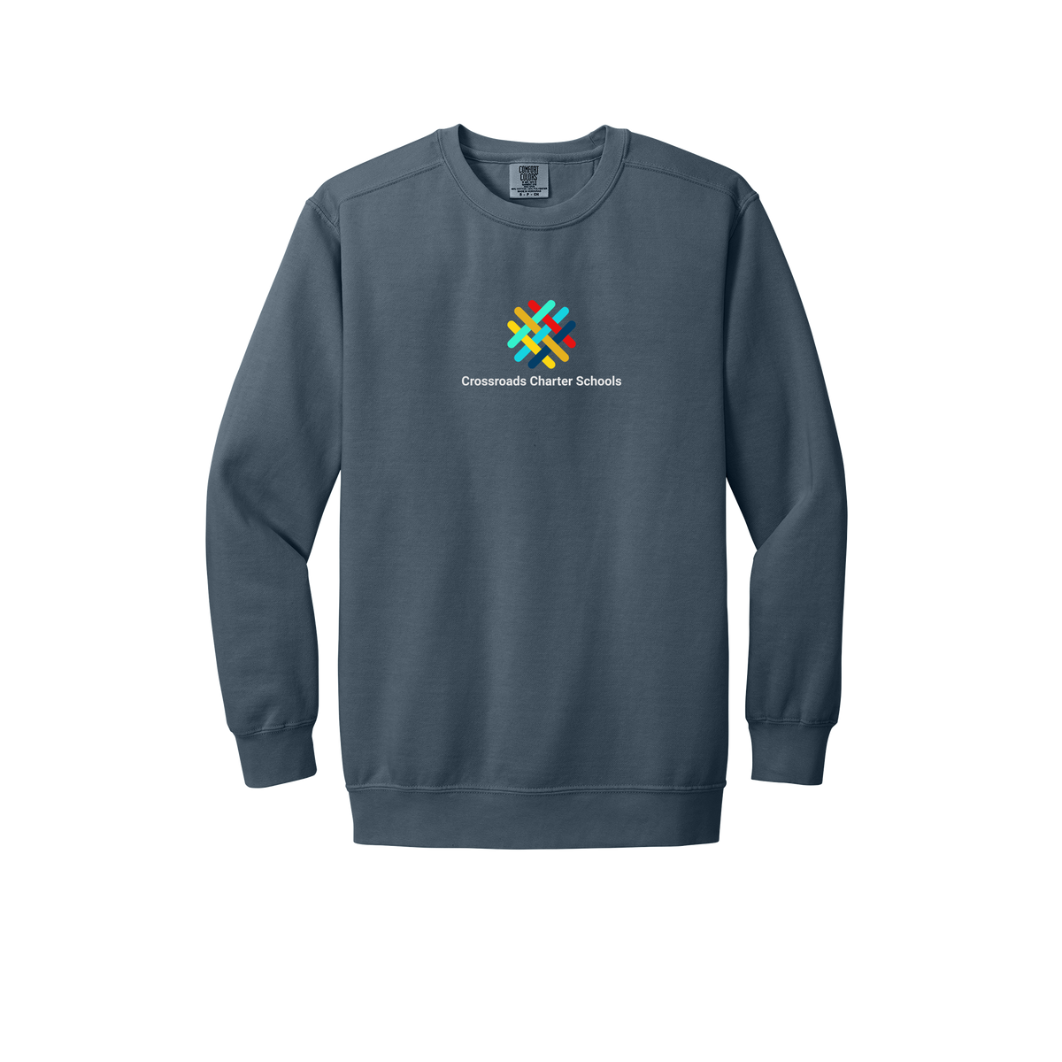 crossroadsschoolskc-premium-comfort-crewneck-dtf-front-1566-denim-flat-front