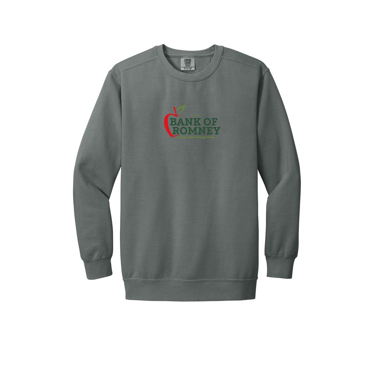 bankofromney-premium-comfort-crewneck-dtf-front-1566-grey-flat-front