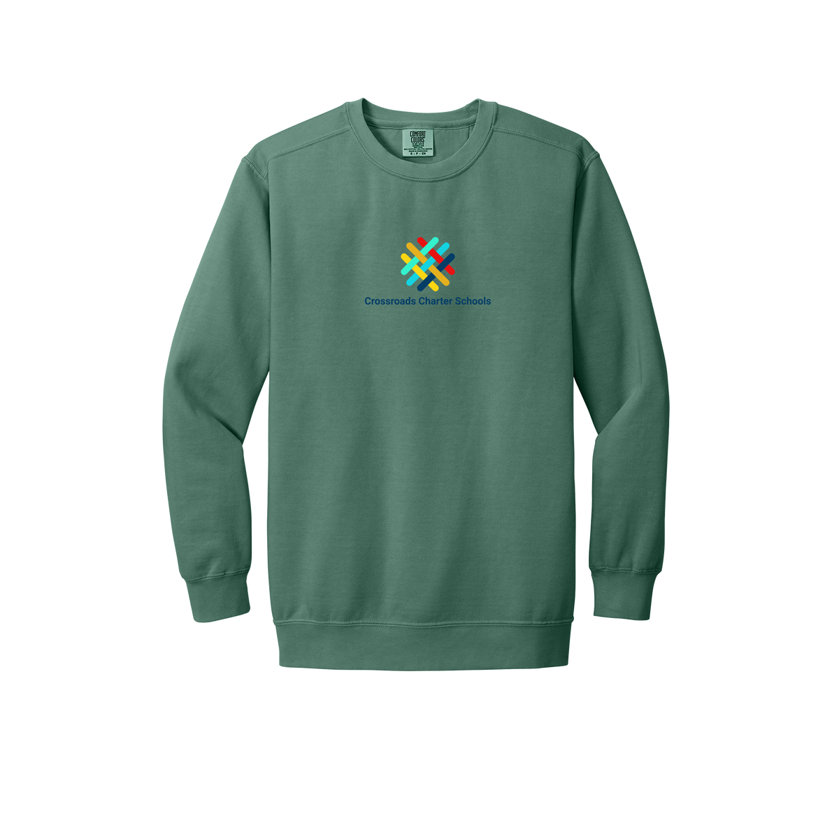 crossroadsschoolskc-premium-comfort-crewneck-dtf-front-1566-lightgreen-flat-front