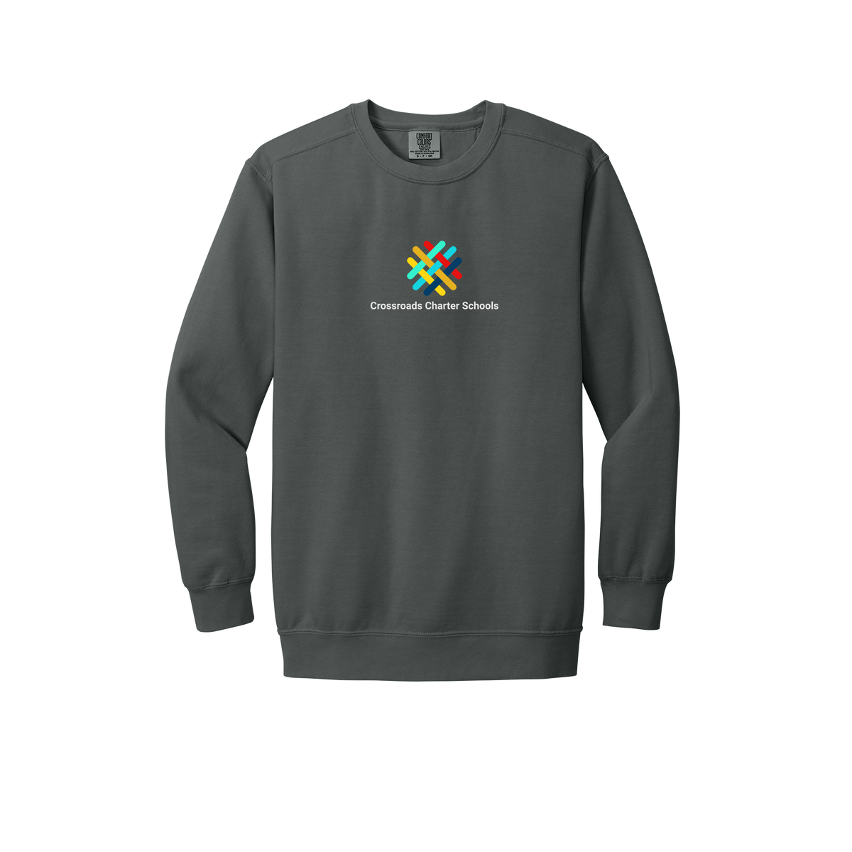 crossroadsschoolskc-premium-comfort-crewneck-dtf-front-1566-pepper-flat-front
