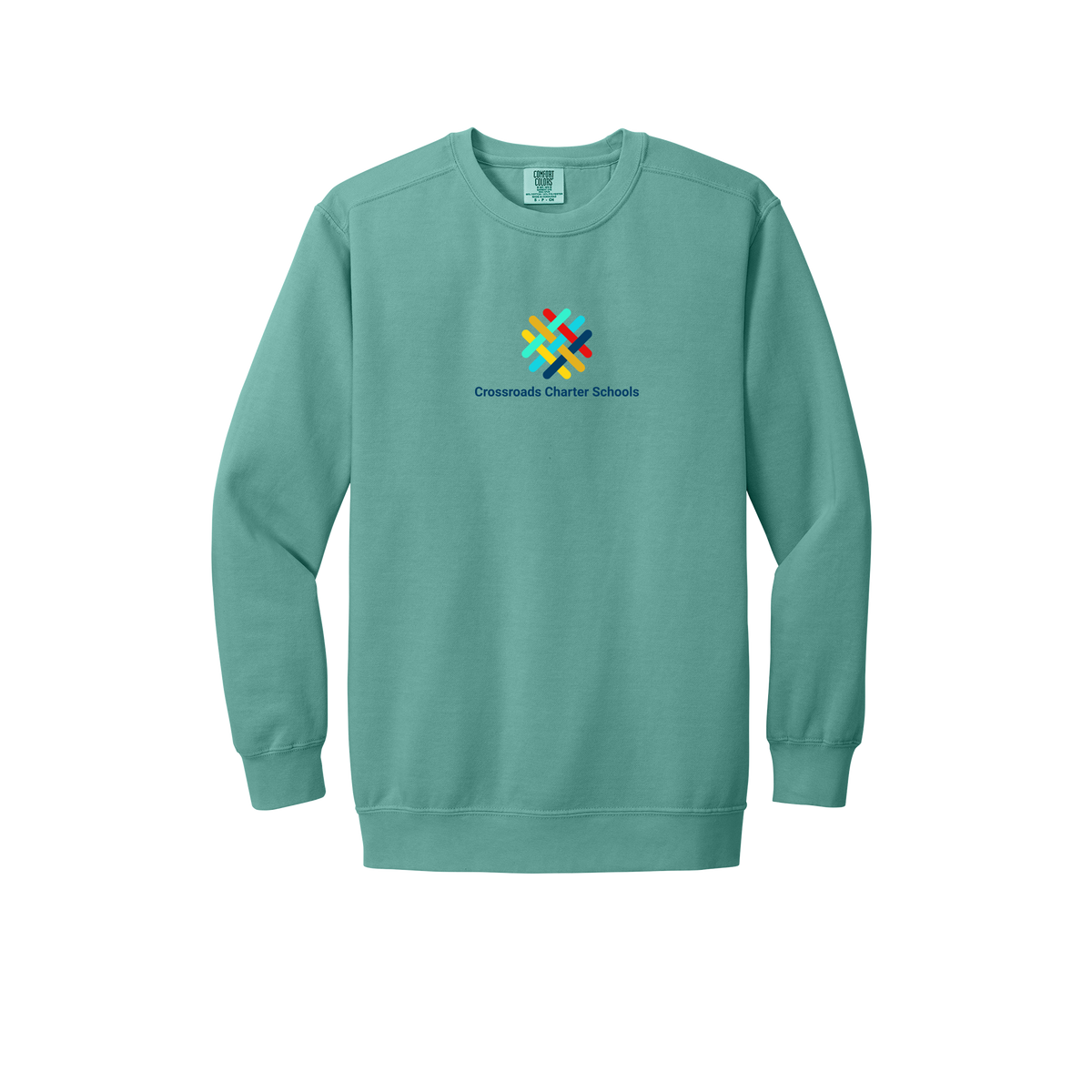crossroadsschoolskc-premium-comfort-crewneck-dtf-front-1566-seafoam-flat-front