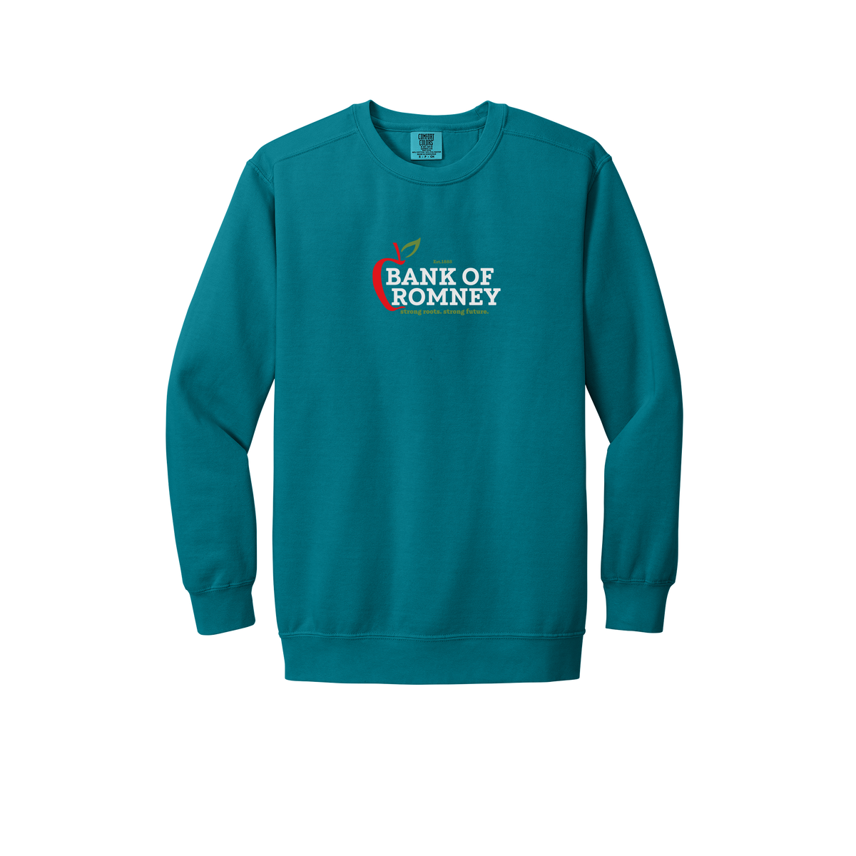 bankofromney-premium-comfort-crewneck-dtf-front-1566-topazblue-flat-front