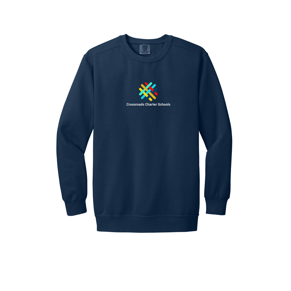 crossroadsschoolskc-premium-comfort-crewneck-dtf-front-1566-truenavy-flat-front