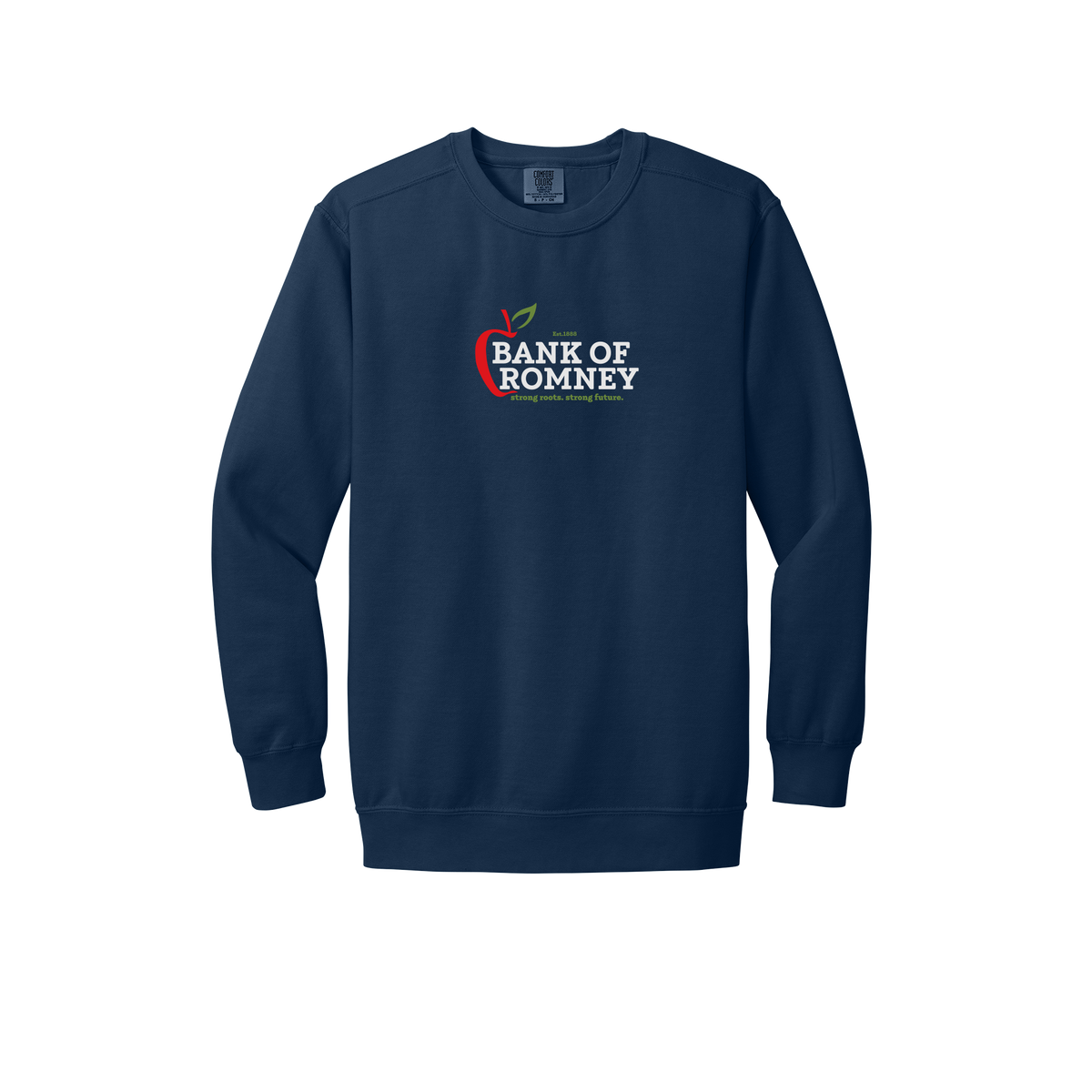 bankofromney-premium-comfort-crewneck-dtf-front-1566-truenavy-flat-front