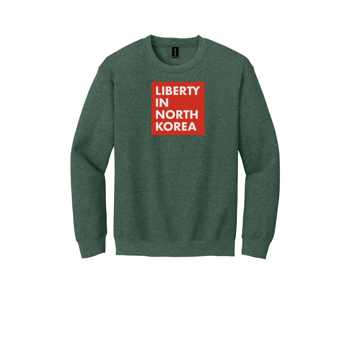 libertyinnorthkorea-comfort-crewneck-dtf-front-18000-heathersportdarkgreen-flat-front