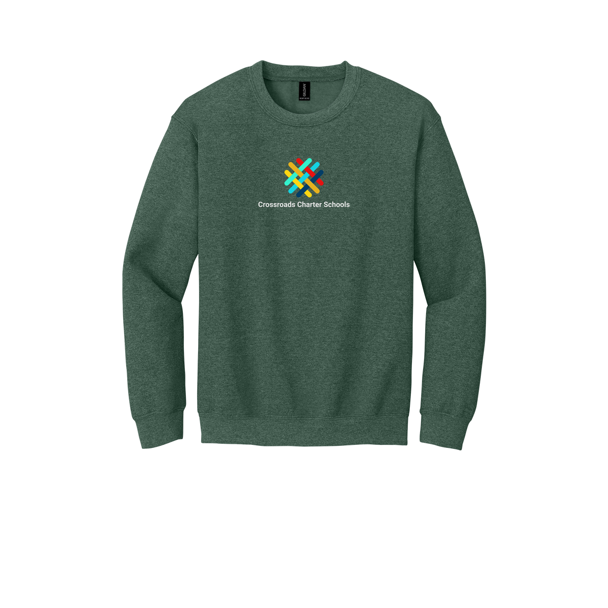 crossroadsschoolskc-comfort-crewneck-dtf-front-18000-heathersportdarkgreen-flat-front