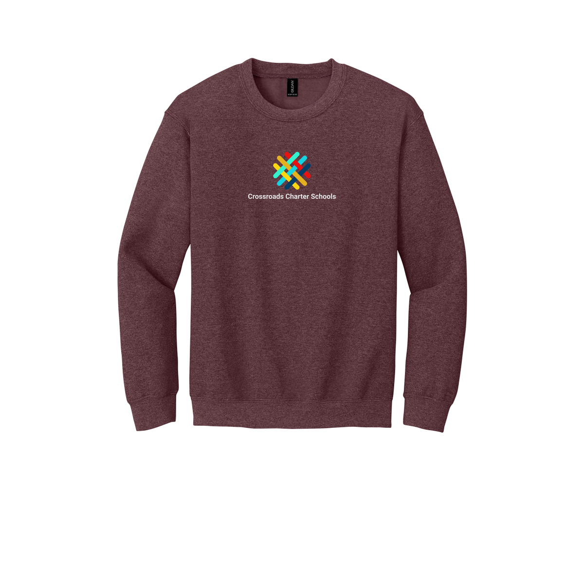 crossroadsschoolskc-comfort-crewneck-dtf-front-18000-heathersportdarkmaroon-flat-front