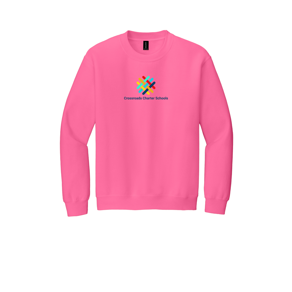 crossroadsschoolskc-comfort-crewneck-dtf-front-18000-safetypink-flat-front