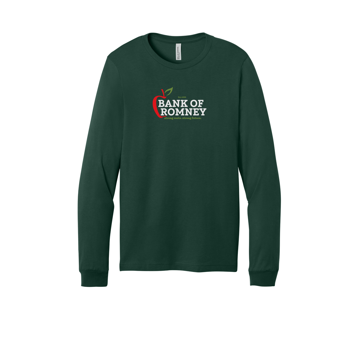 bankofromney-all-season-long-sleeve-tee-dtf-front-3501-forest-flat-front