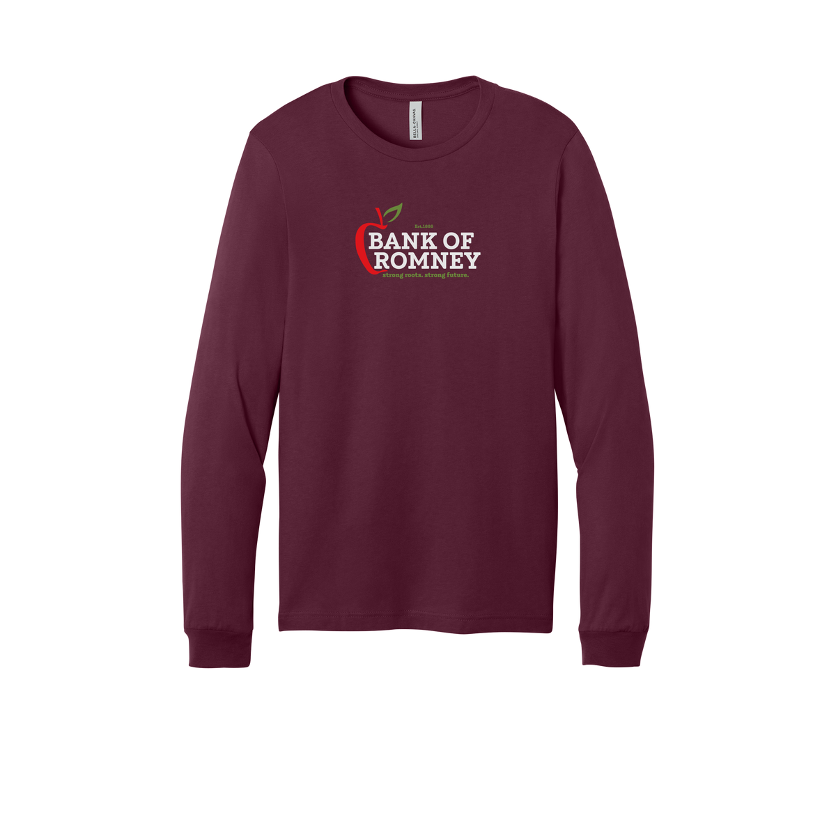 bankofromney-all-season-long-sleeve-tee-dtf-front-3501-maroon-flat-front
