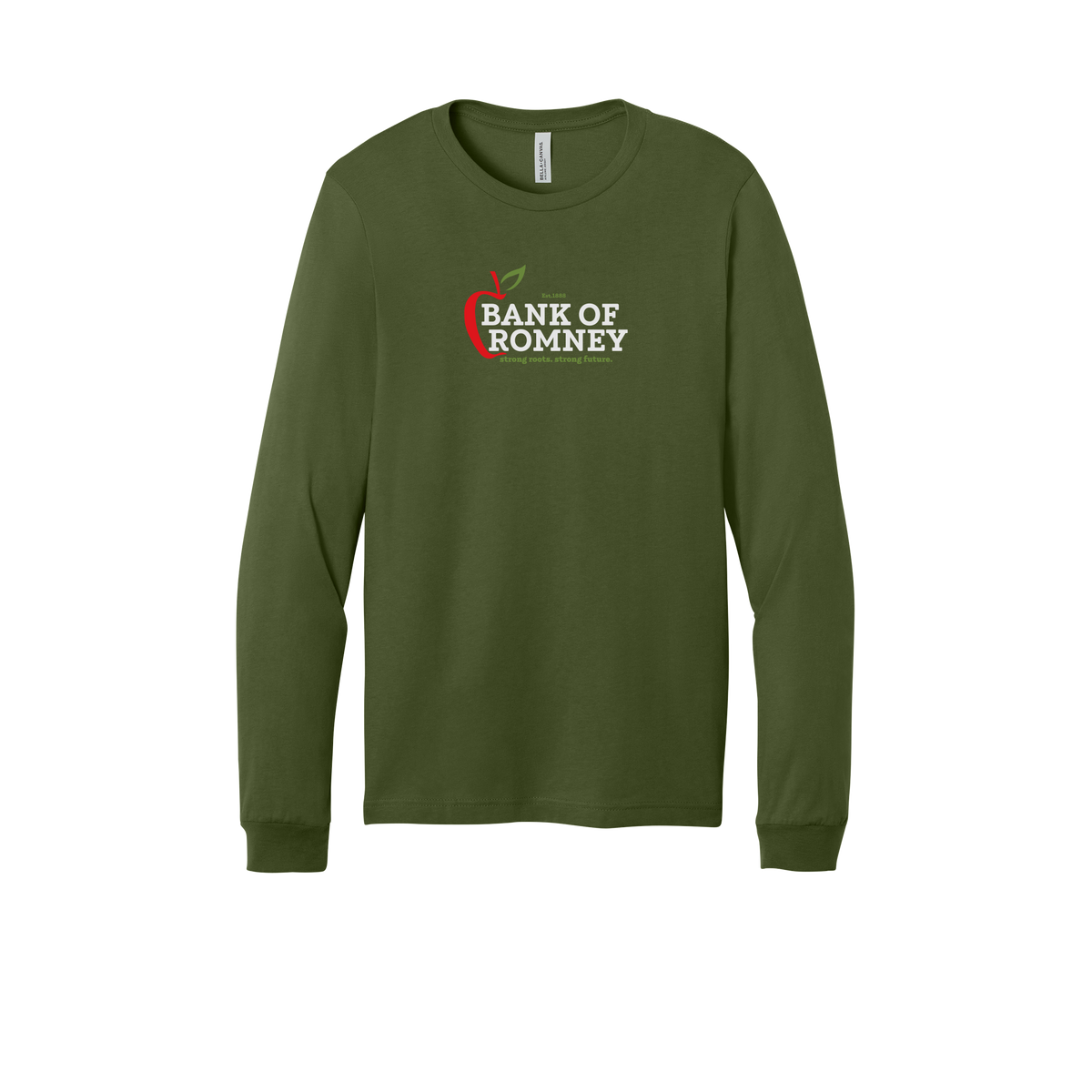 bankofromney-all-season-long-sleeve-tee-dtf-front-3501-olive-flat-front