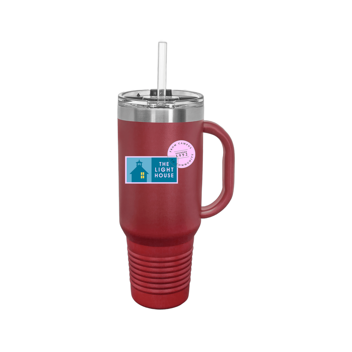 lhcampus-travel-mug-40oz-uv-drinkwarefront-40ozTravelMug-maroon-flat-front
