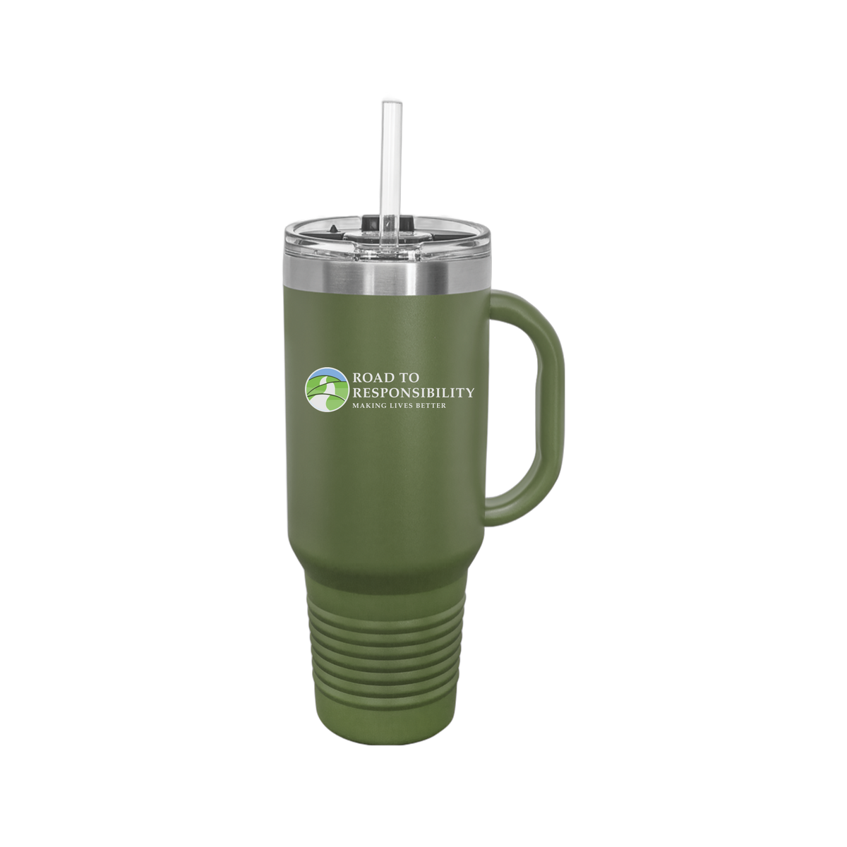 roadtoresponsibility-travel-mug-40oz-uv-drinkwarefront-40ozTravelMug-olivegreen-flat-front