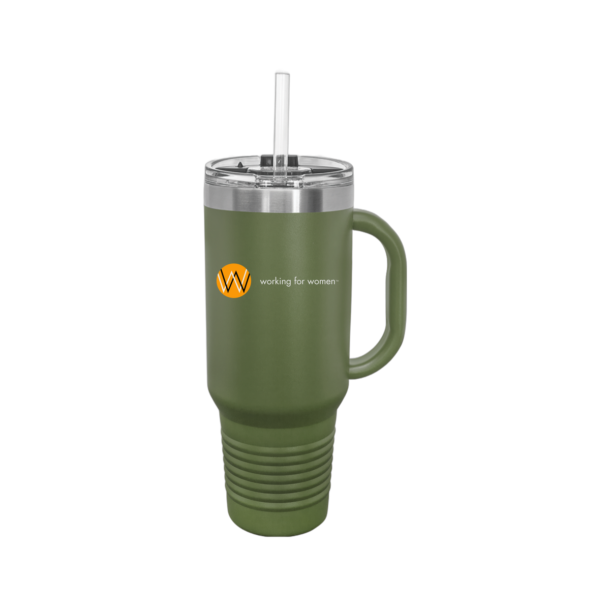 workingforwomen-travel-mug-40oz-uv-drinkwarefront-40ozTravelMug-olivegreen-flat-front