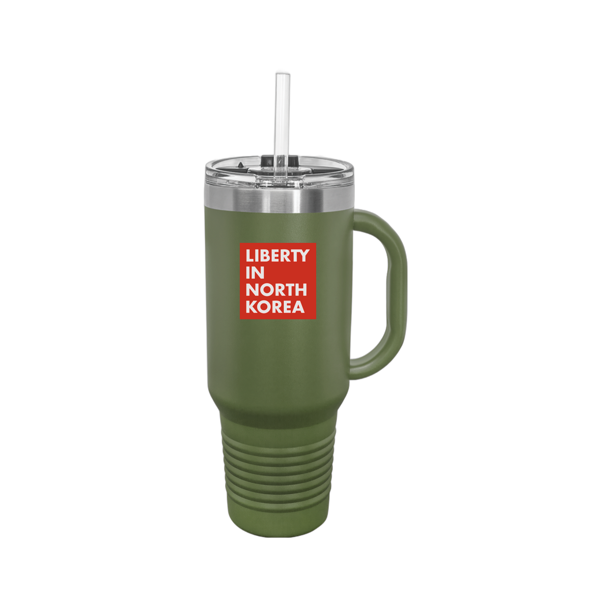 libertyinnorthkorea-travel-mug-40oz-uv-drinkwarefront-40ozTravelMug-olivegreen-flat-front
