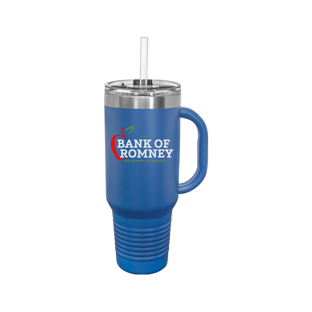 bankofromney-travel-mug-40oz-uv-drinkwarefront-40ozTravelMug-royalblue-flat-front