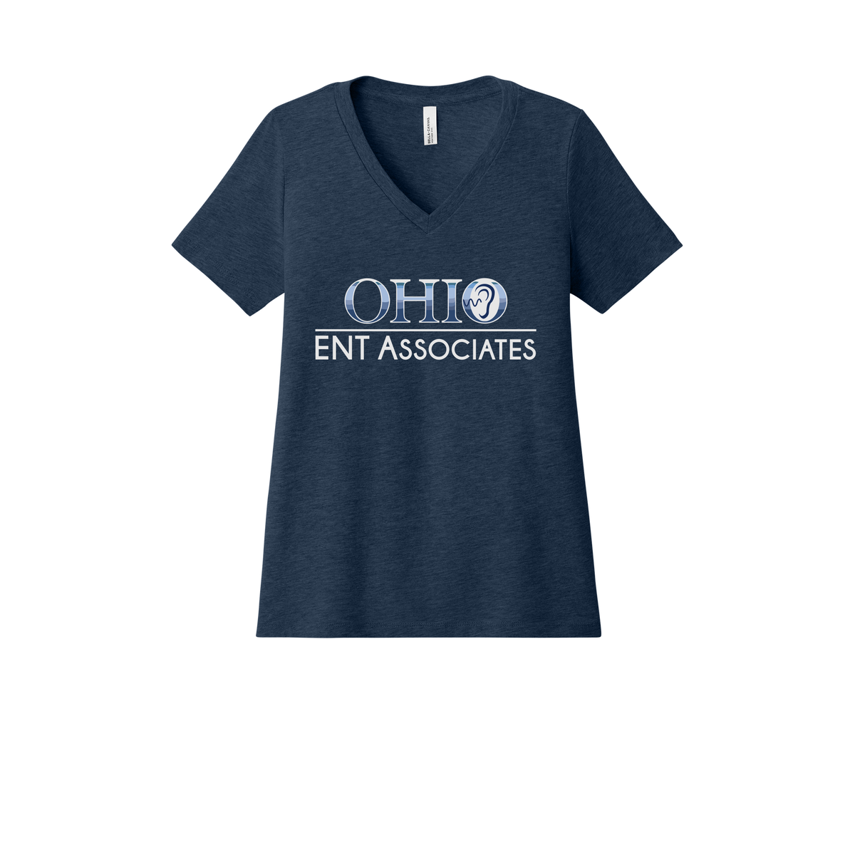 ohioentaudiology-womens-relaxed-v-neck-tee-dtf-front-6405CVC-heathernavy-flat-front