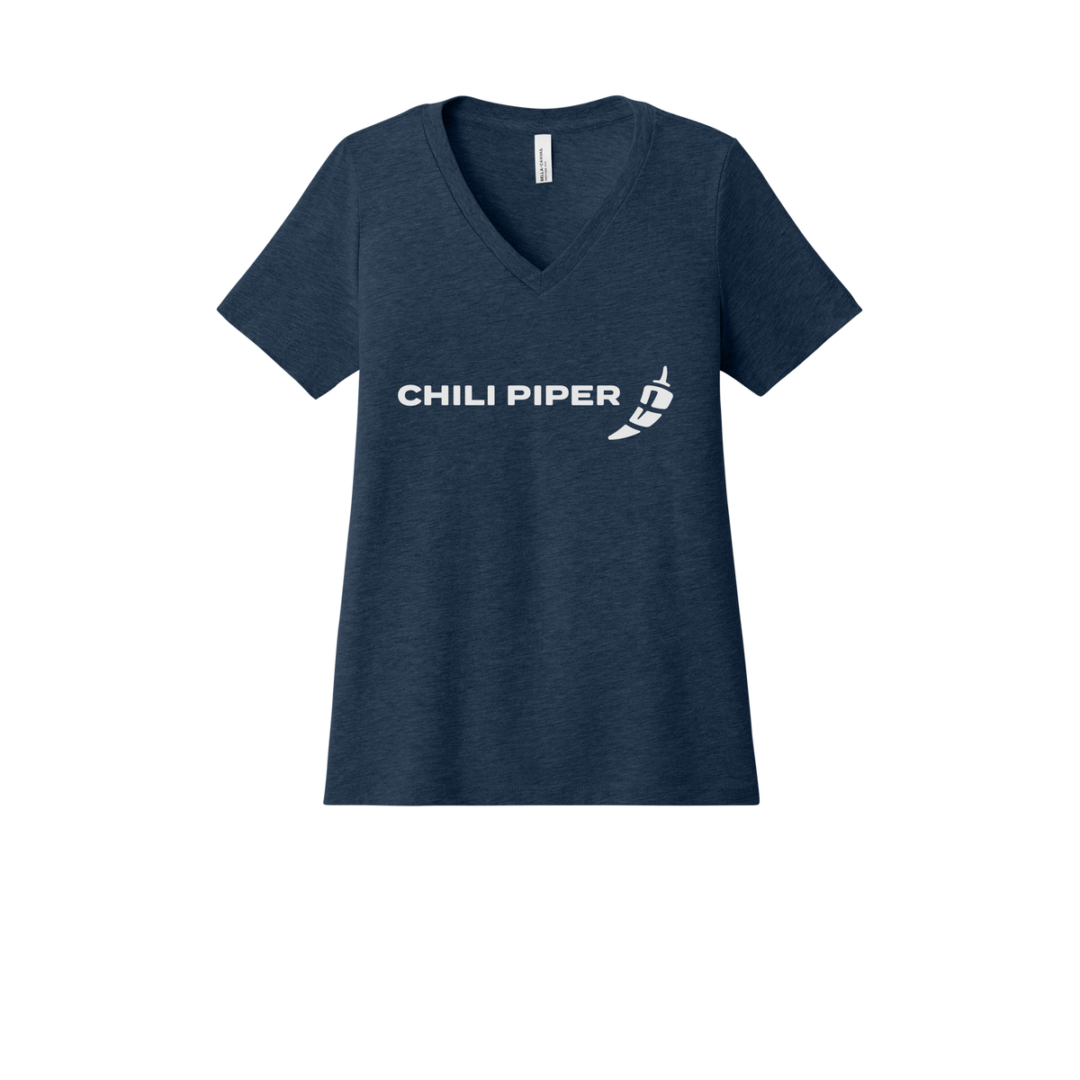 chilipiper-womens-relaxed-v-neck-tee-dtf-front-6405CVC-heathernavy-flat-front