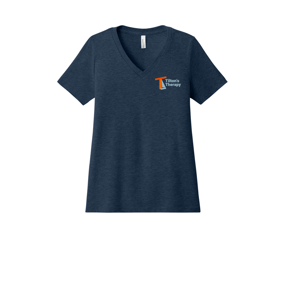 tiltonstherapy-womens-relaxed-v-neck-tee-dtf-leftchest-6405CVC-heathernavy-flat-front