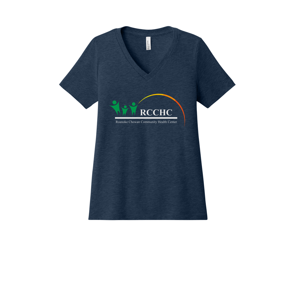 rcchc-womens-relaxed-v-neck-tee-dtf-front-6405CVC-heathernavy-flat-front
