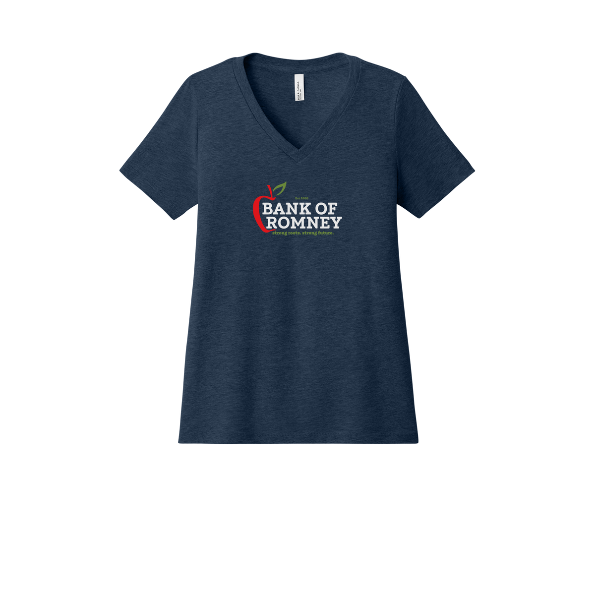 bankofromney-womens-relaxed-v-neck-tee-dtf-front-6405CVC-heathernavy-flat-front