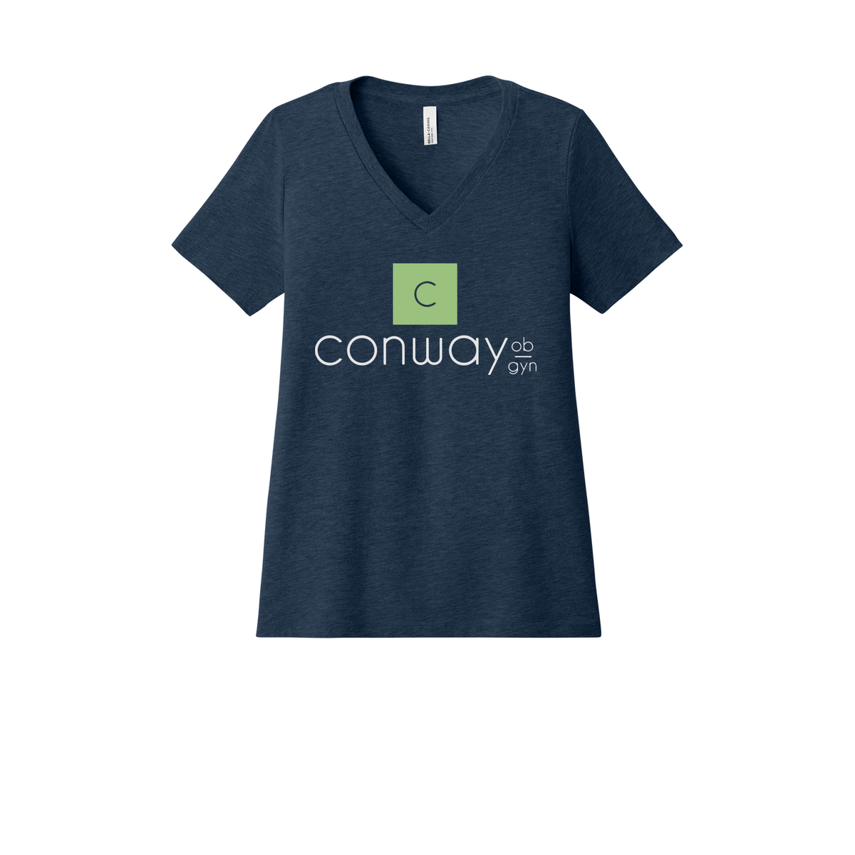 conwayobgyn-womens-relaxed-v-neck-tee-dtf-front-6405CVC-heathernavy-flat-front
