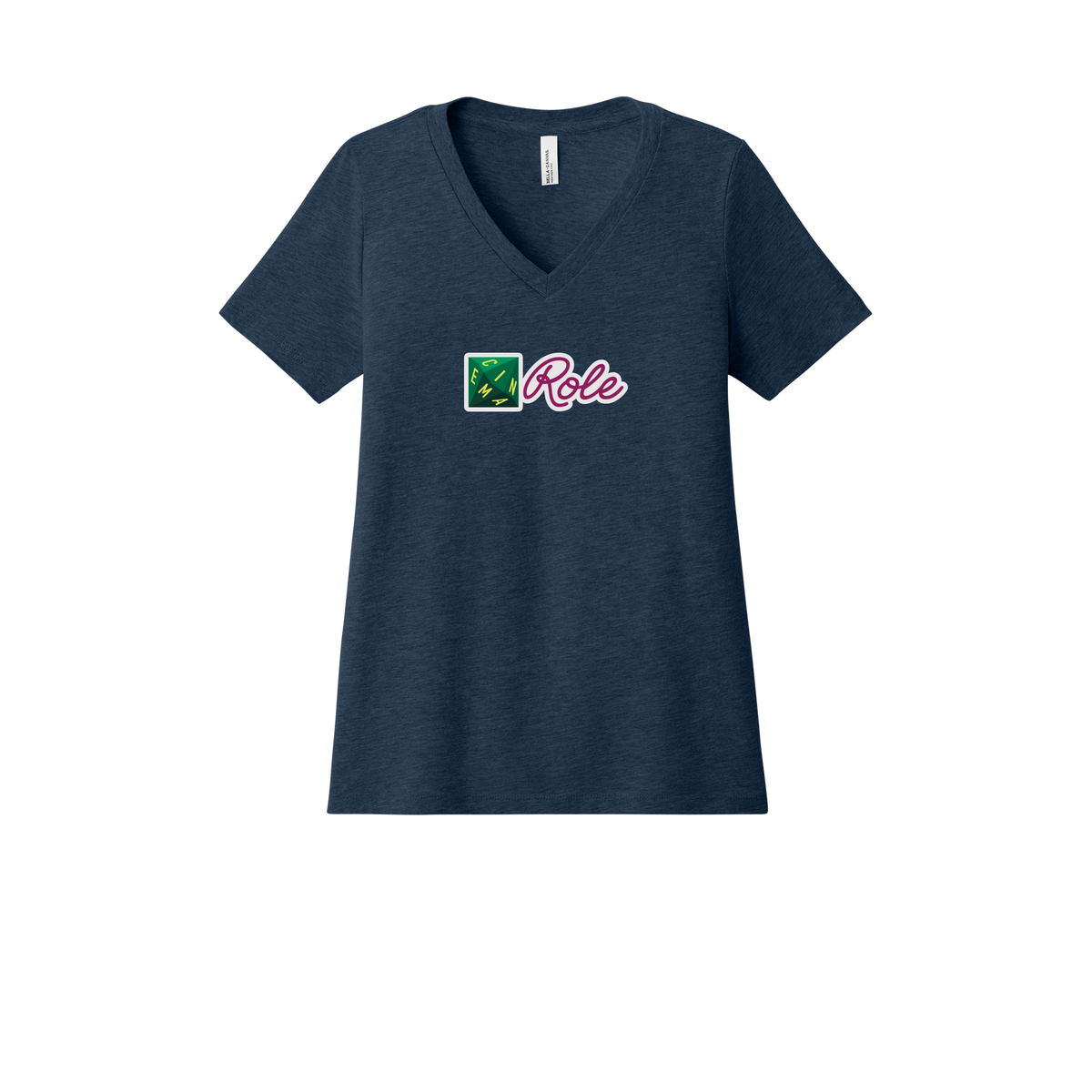 cinemarole-womens-relaxed-v-neck-tee-dtf-front-6405CVC-heathernavy-flat-front
