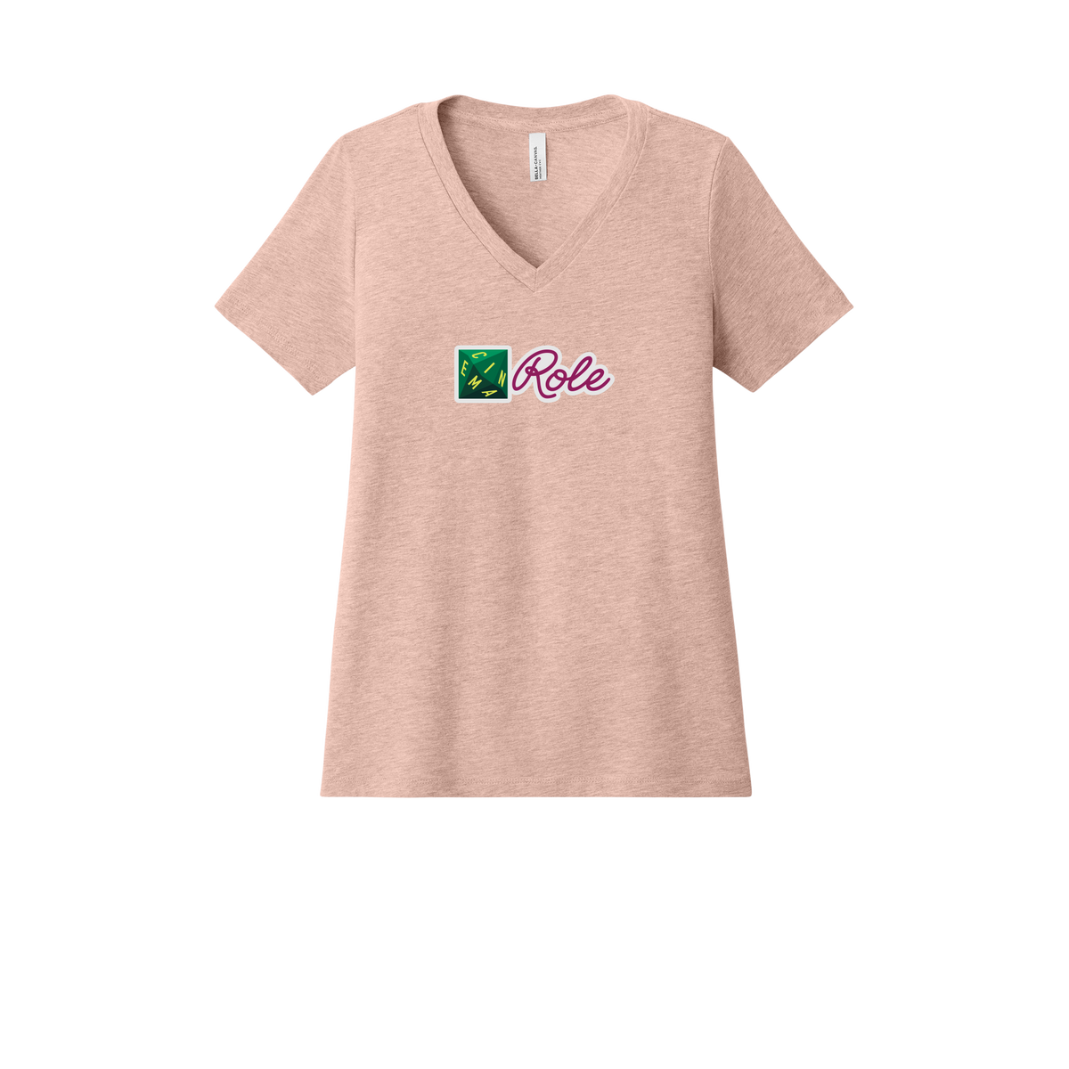 cinemarole-womens-relaxed-v-neck-tee-dtf-front-6405CVC-heatherpeach-flat-front