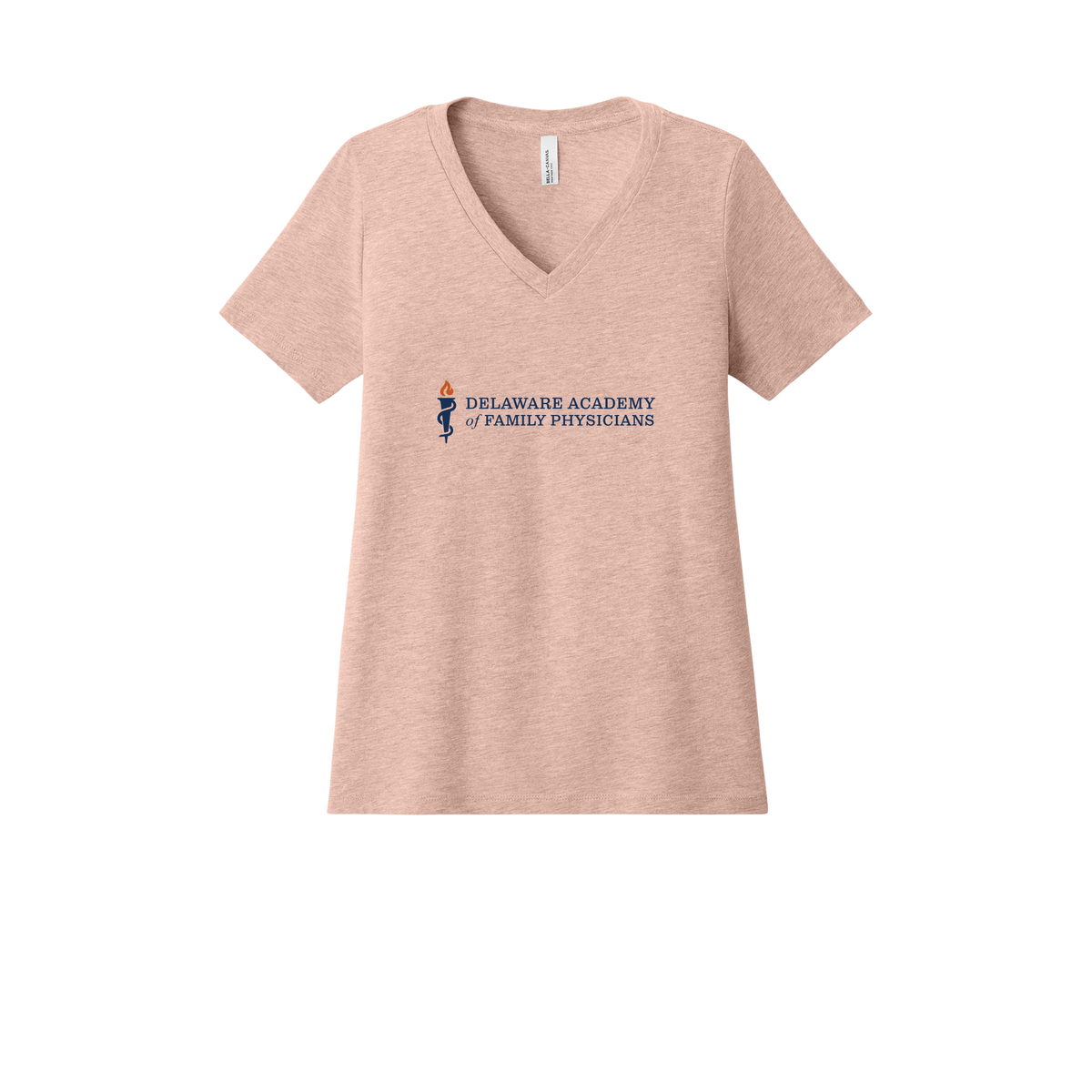 delfamdoc-womens-relaxed-v-neck-tee-dtf-front-6405CVC-heatherpeach-flat-front