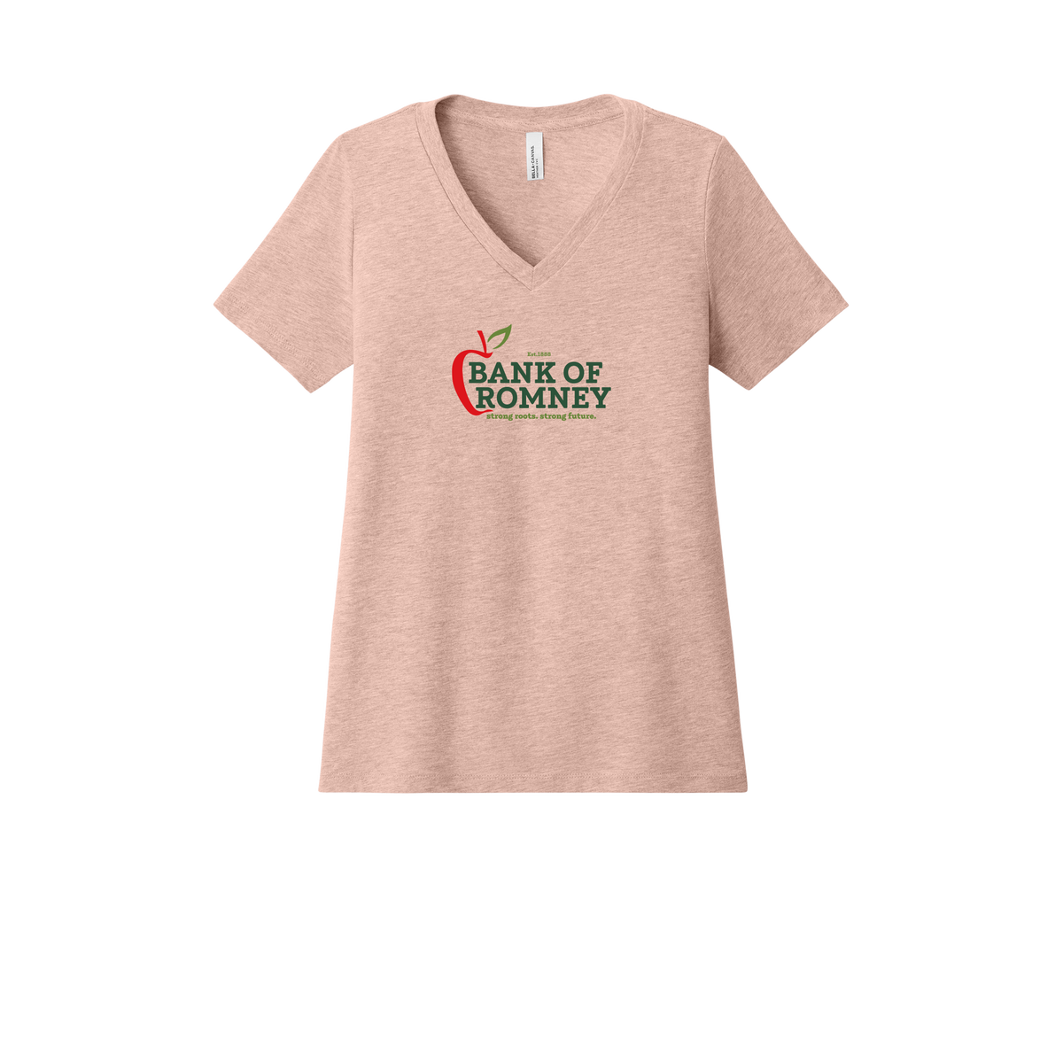 bankofromney-womens-relaxed-v-neck-tee-dtf-front-6405CVC-heatherpeach-flat-front