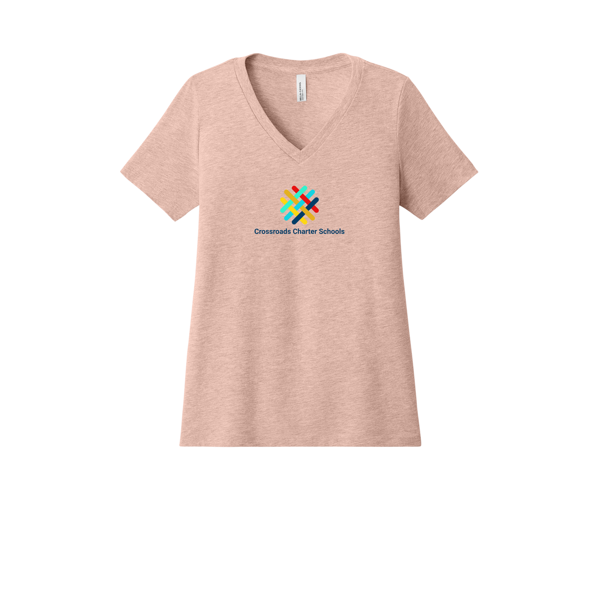 crossroadsschoolskc-womens-relaxed-v-neck-tee-dtf-front-6405CVC-heatherpeach-flat-front