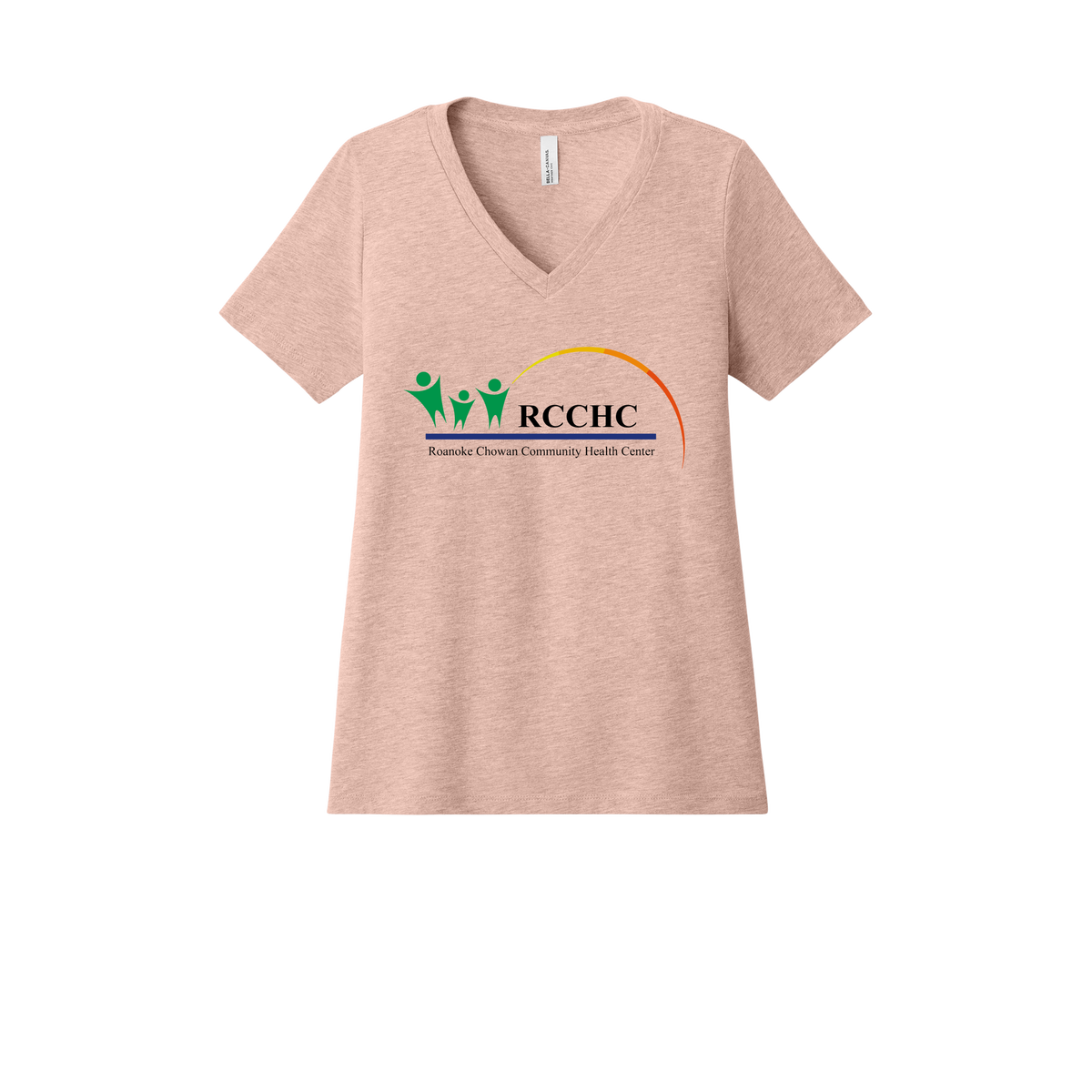 rcchc-womens-relaxed-v-neck-tee-dtf-front-6405CVC-heatherpeach-flat-front