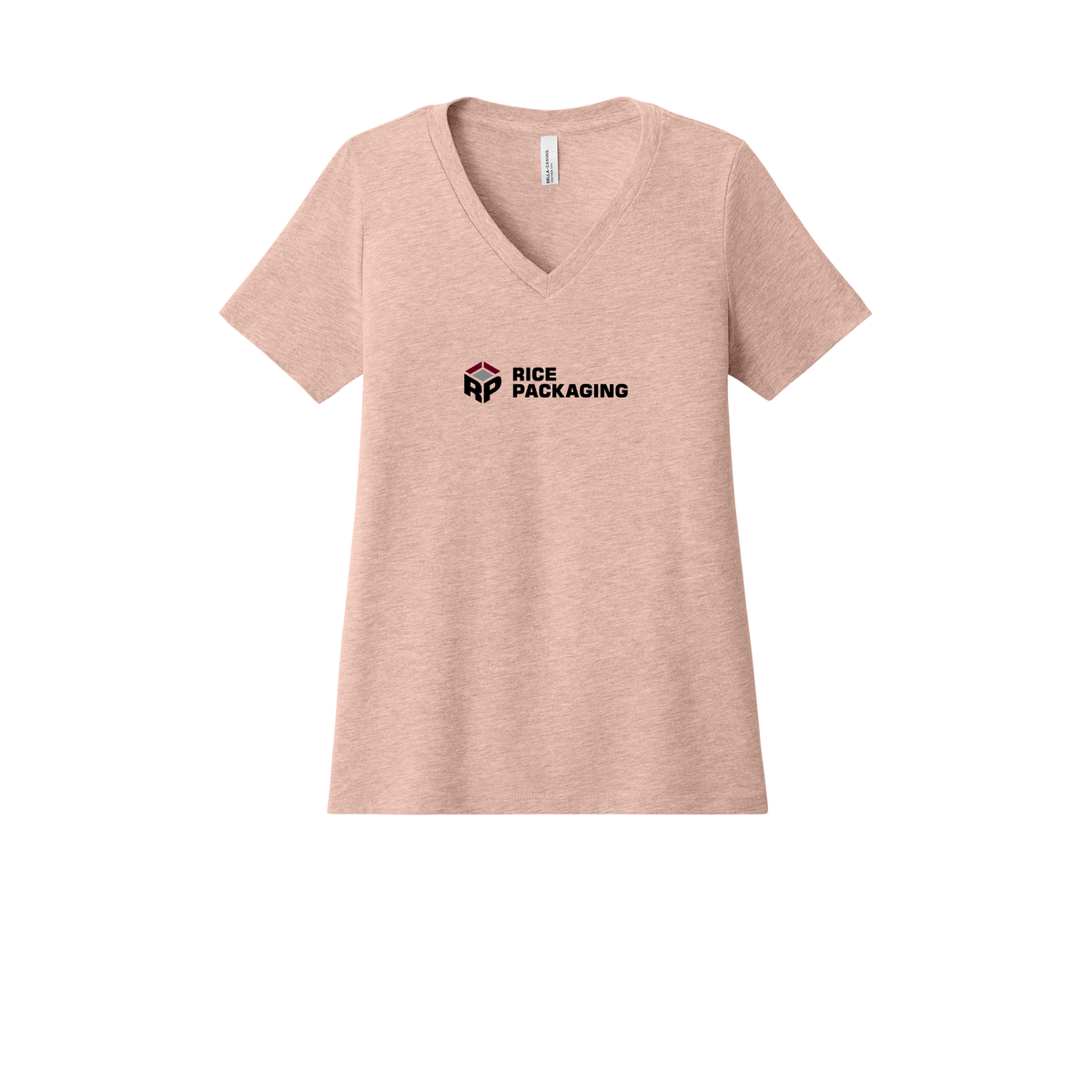 ricepackaging-womens-relaxed-v-neck-tee-dtf-front-6405CVC-heatherpeach-flat-front