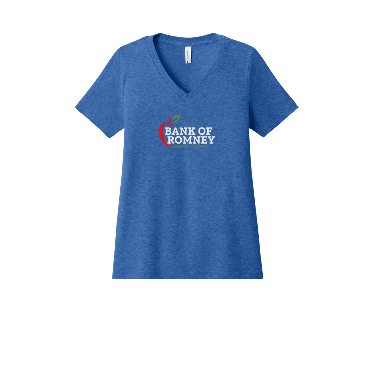 bankofromney-womens-relaxed-v-neck-tee-dtf-front-6405CVC-heathertrueroyal-flat-front