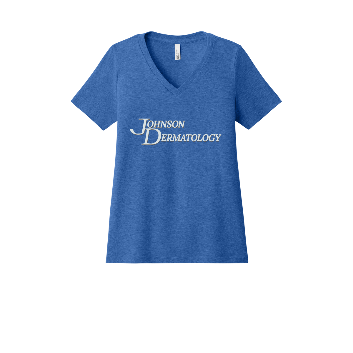 johnsondermatology-womens-relaxed-v-neck-tee-dtf-front-6405CVC-heathertrueroyal-flat-front