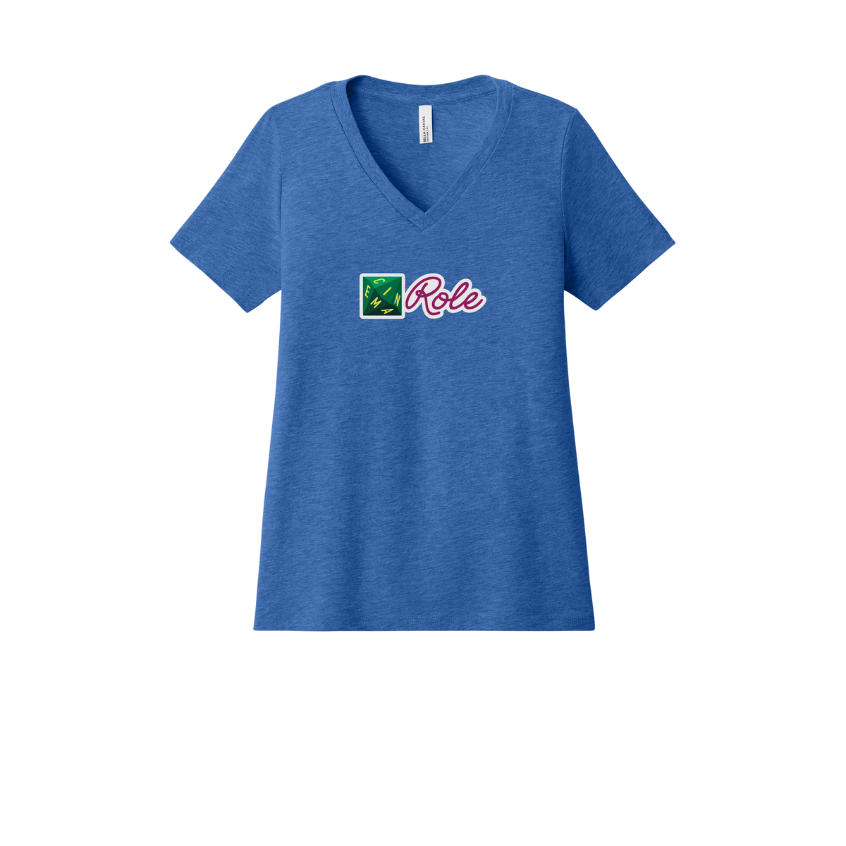 cinemarole-womens-relaxed-v-neck-tee-dtf-front-6405CVC-heathertrueroyal-flat-front