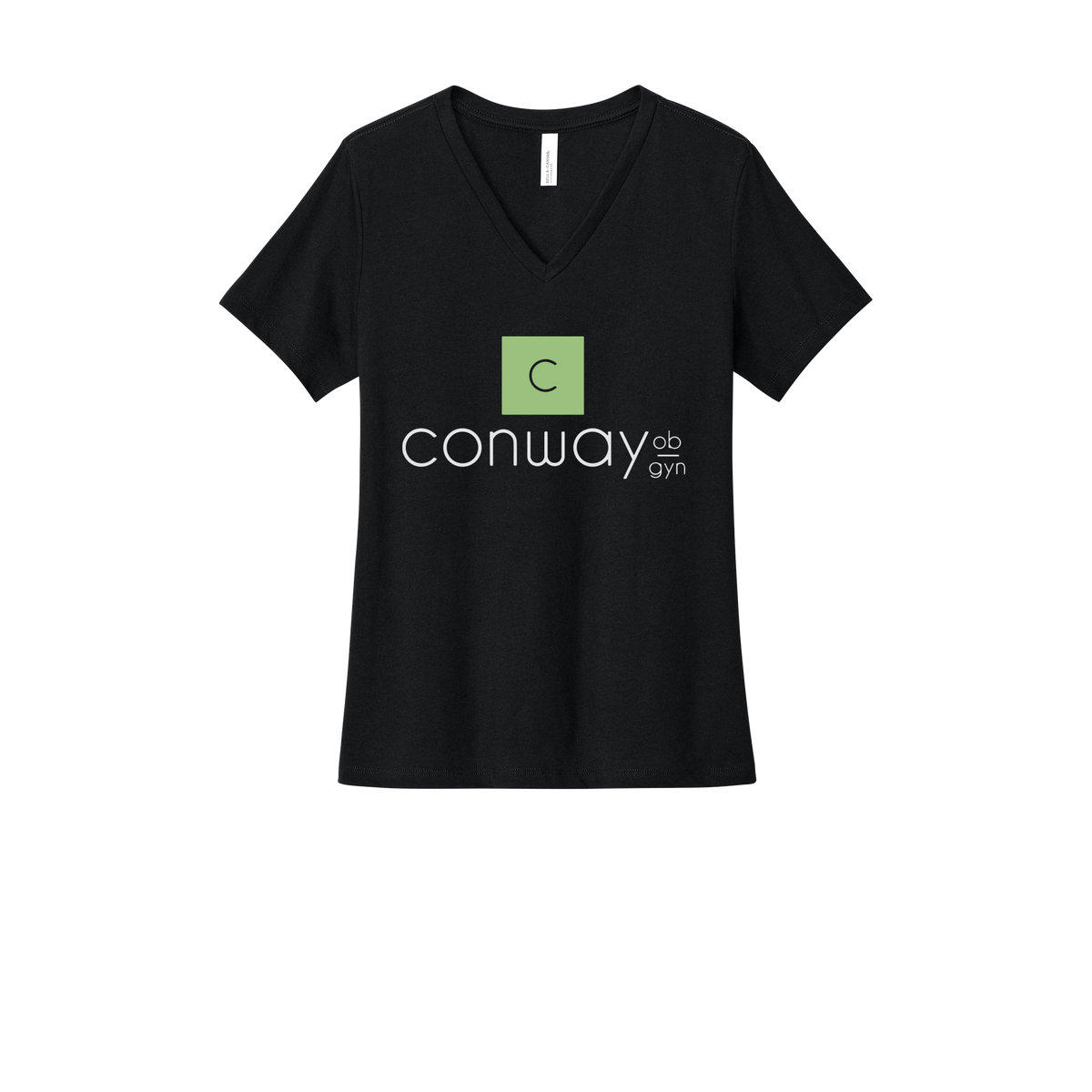 conwayobgyn-womens-relaxed-v-neck-tee-dtf-front-6405CVC-solidblackblend-flat-front