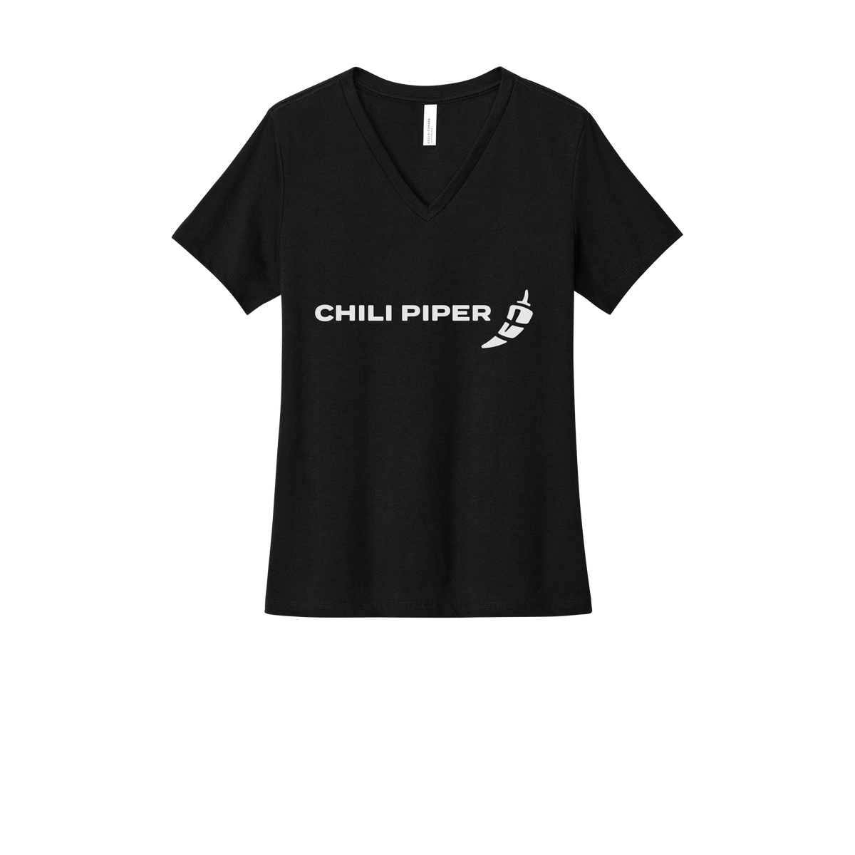 chilipiper-womens-relaxed-v-neck-tee-dtf-front-6405CVC-solidblackblend-flat-front