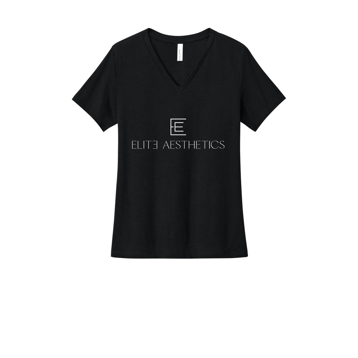 eliteaestheticsnyc-womens-relaxed-v-neck-tee-dtf-front-6405CVC-solidblackblend-flat-front