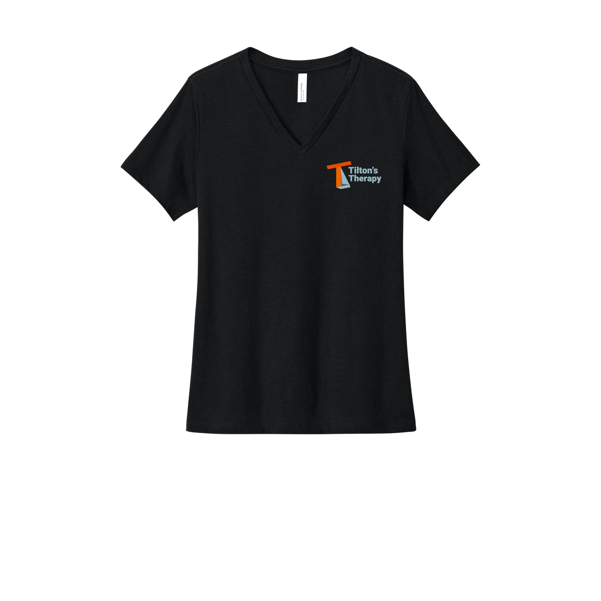 tiltonstherapy-womens-relaxed-v-neck-tee-dtf-leftchest-6405CVC-solidblackblend-flat-front