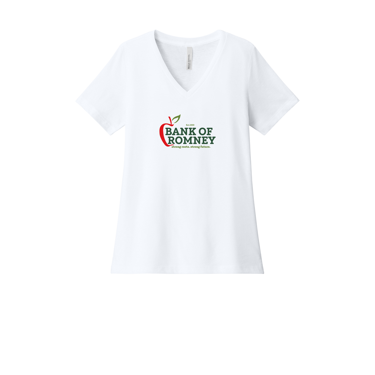 bankofromney-womens-relaxed-v-neck-tee-dtf-front-6405CVC-solidwhiteblend-flat-front