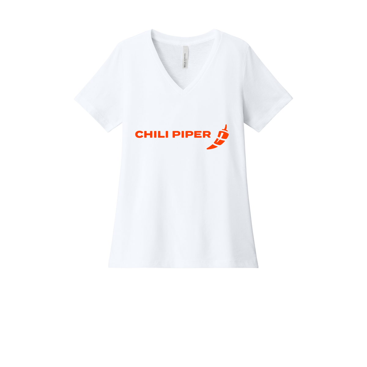 chilipiper-womens-relaxed-v-neck-tee-dtf-front-6405CVC-solidwhiteblend-flat-front