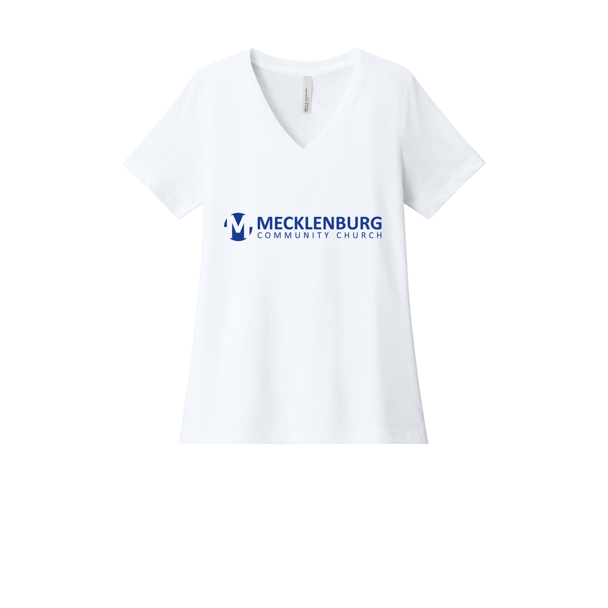 mecklenburg-womens-relaxed-v-neck-tee-dtf-front-6405CVC-solidwhiteblend-flat-front