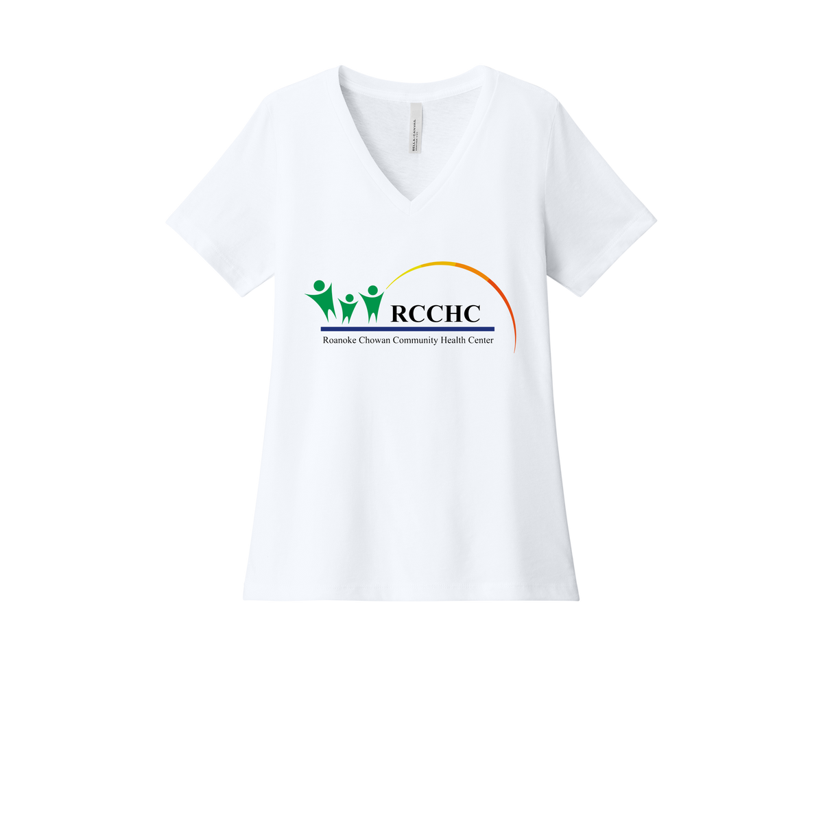 rcchc-womens-relaxed-v-neck-tee-dtf-front-6405CVC-solidwhiteblend-flat-front