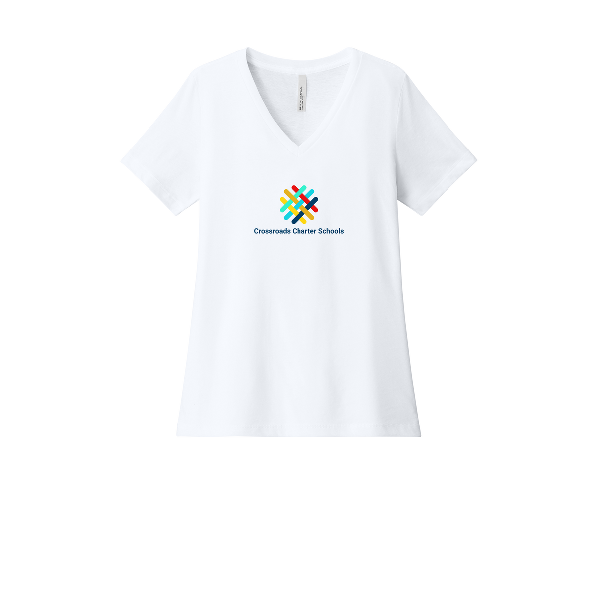 crossroadsschoolskc-womens-relaxed-v-neck-tee-dtf-front-6405CVC-solidwhiteblend-flat-front