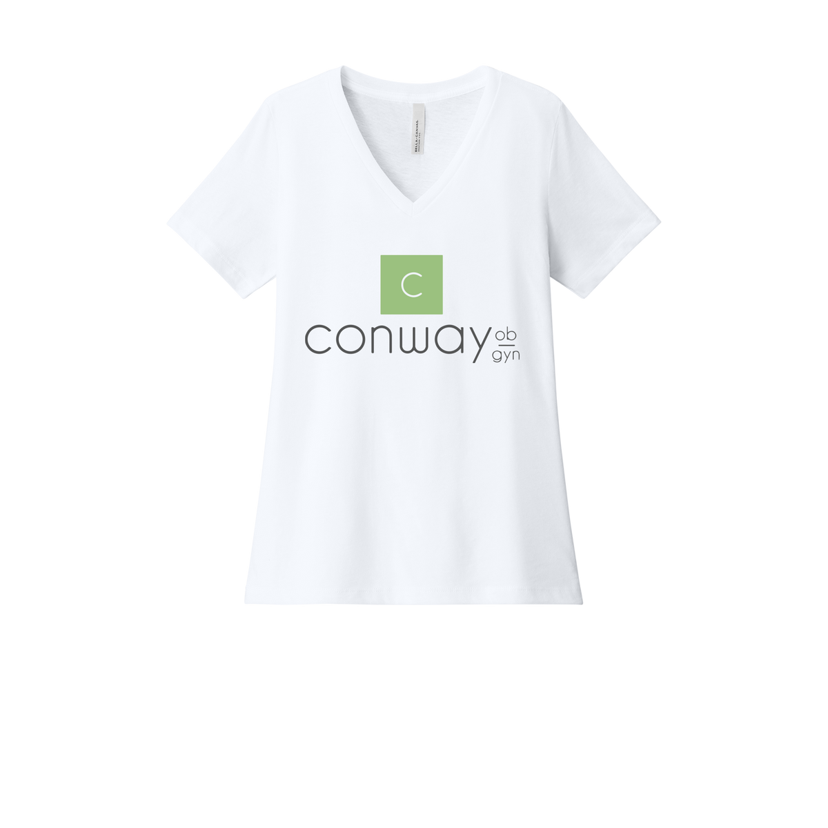 conwayobgyn-womens-relaxed-v-neck-tee-dtf-front-6405CVC-solidwhiteblend-flat-front